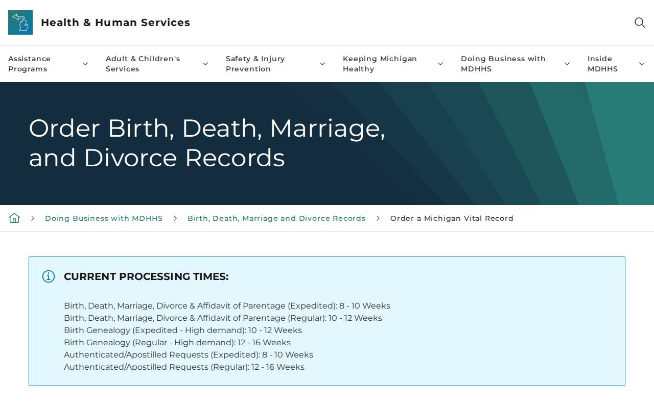 Lincoln Park residents directory vital records ordering through Michigan MDHHS